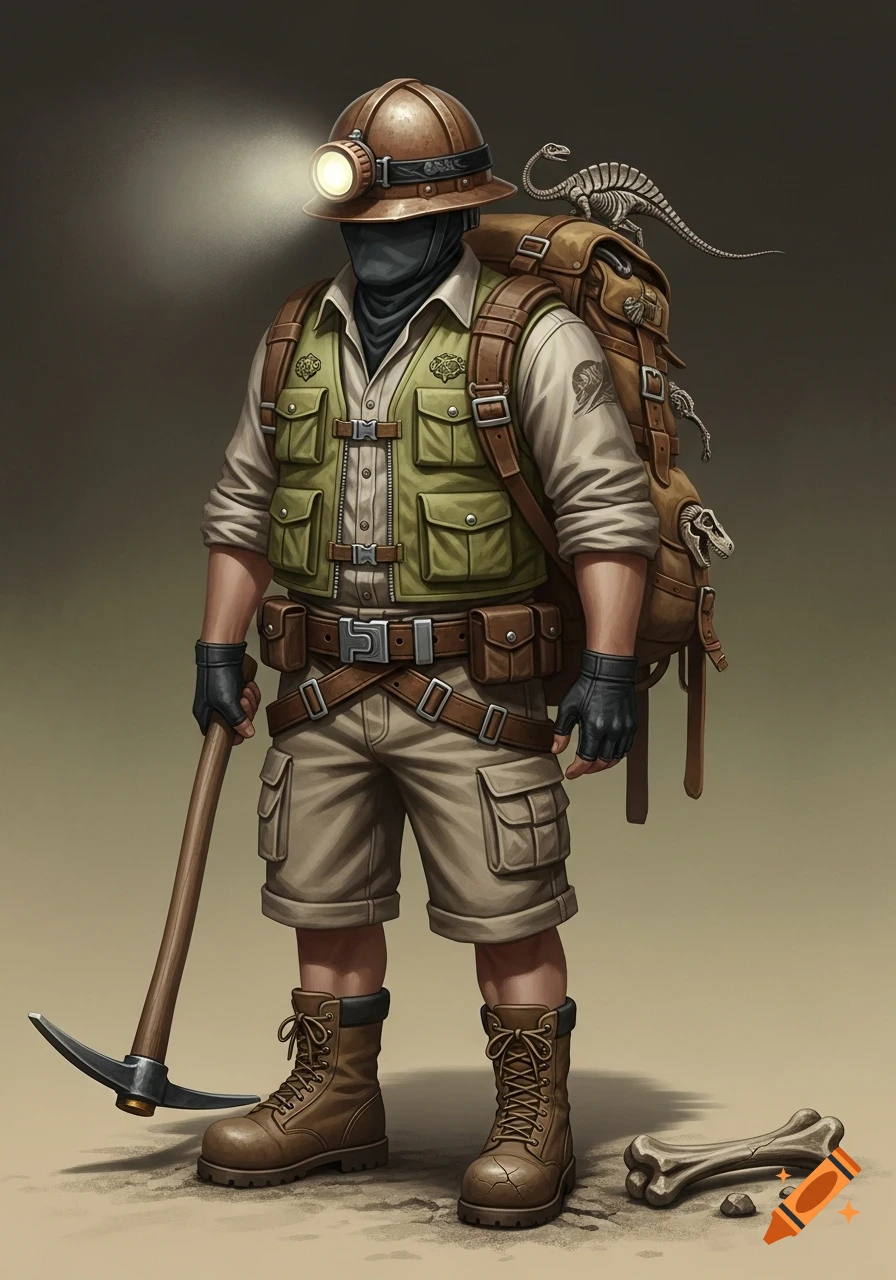 A fantasy explorer character wearing a mining helmet with a headlamp, khaki vest, shorts, boots, carrying a pickaxe, and a backpack adorned with dinosaur fossils.