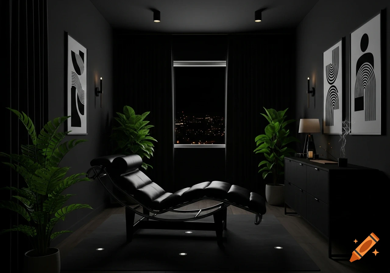A dark, minimalist therapy room with a black leather lounge chair, potted plants, abstract art, and a city night view from a window.