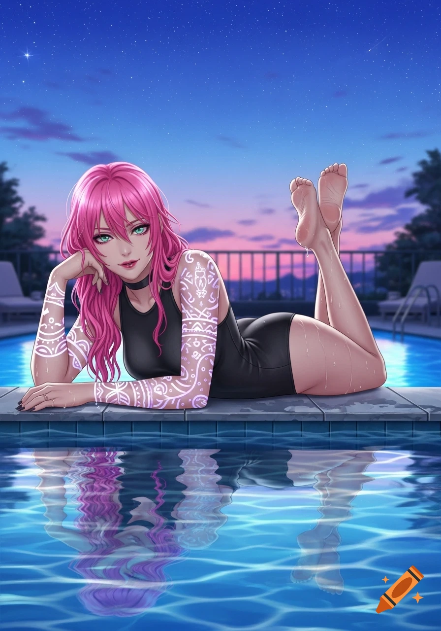 Anime girl with pink hair and glowing arm tattoos relaxing by a swimming pool at twilight.