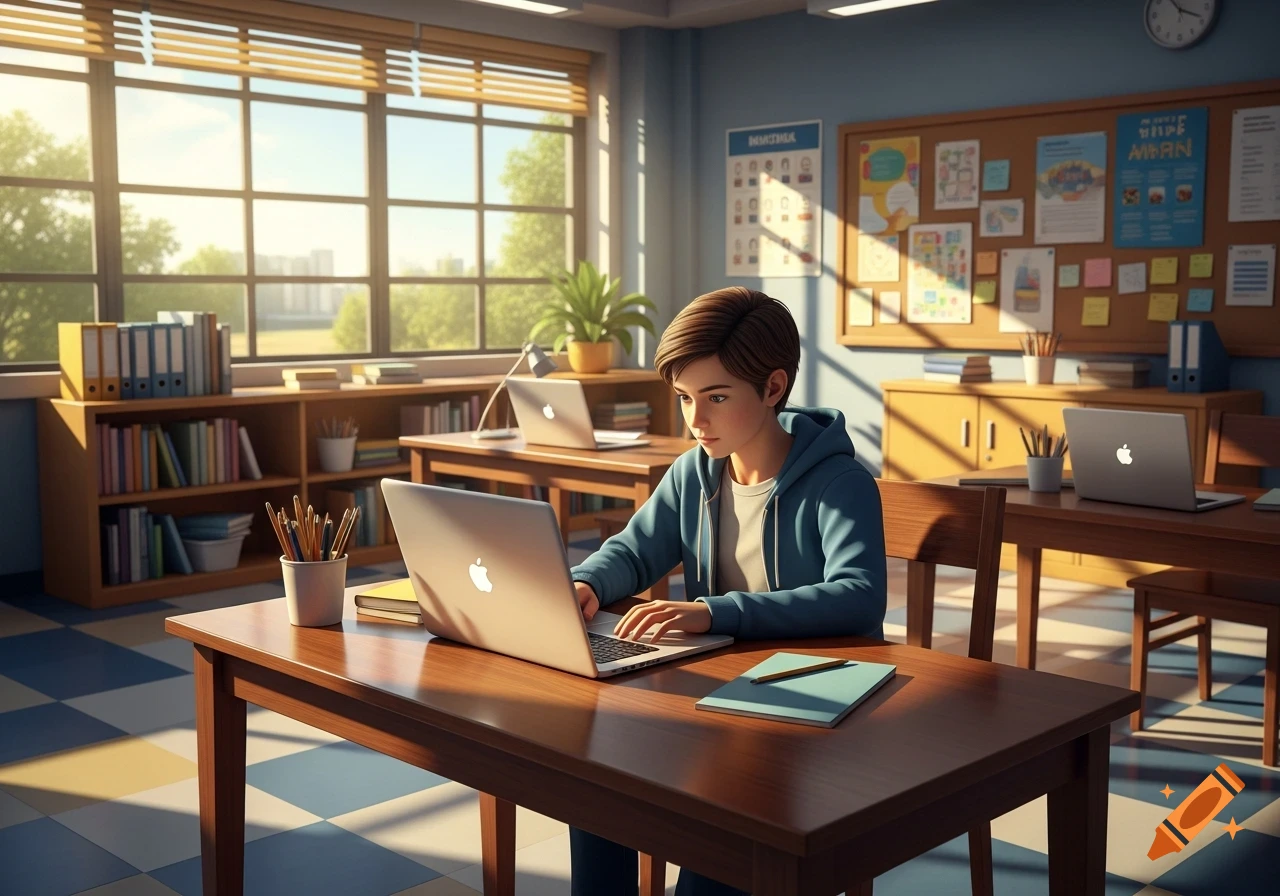 A student in a blue hoodie works on a laptop at a desk in a sunlit classroom, with bookshelves and a bulletin board in the background.