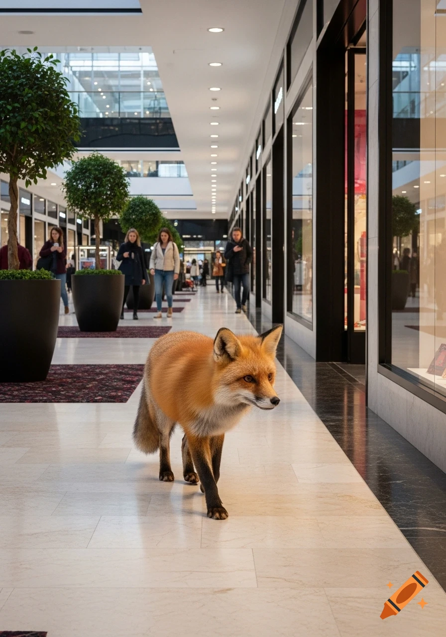 A photorealistic red fox walks through a brightly lit, modern shopping mall with people and storefronts.