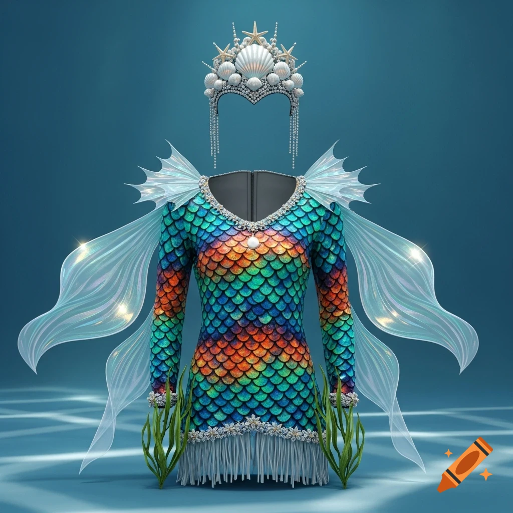 A vibrant rainbow-scaled mermaid costume with sheer iridescent fins, a seashell crown, and green seaweed details, on a blue background.