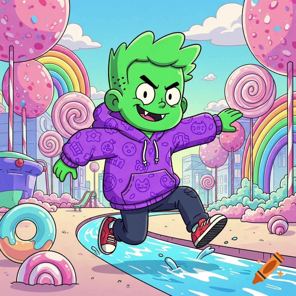 A green-skinned cartoon boy in a purple hoodie runs through a vibrant candy land with lollipops, donuts, and rainbows.
