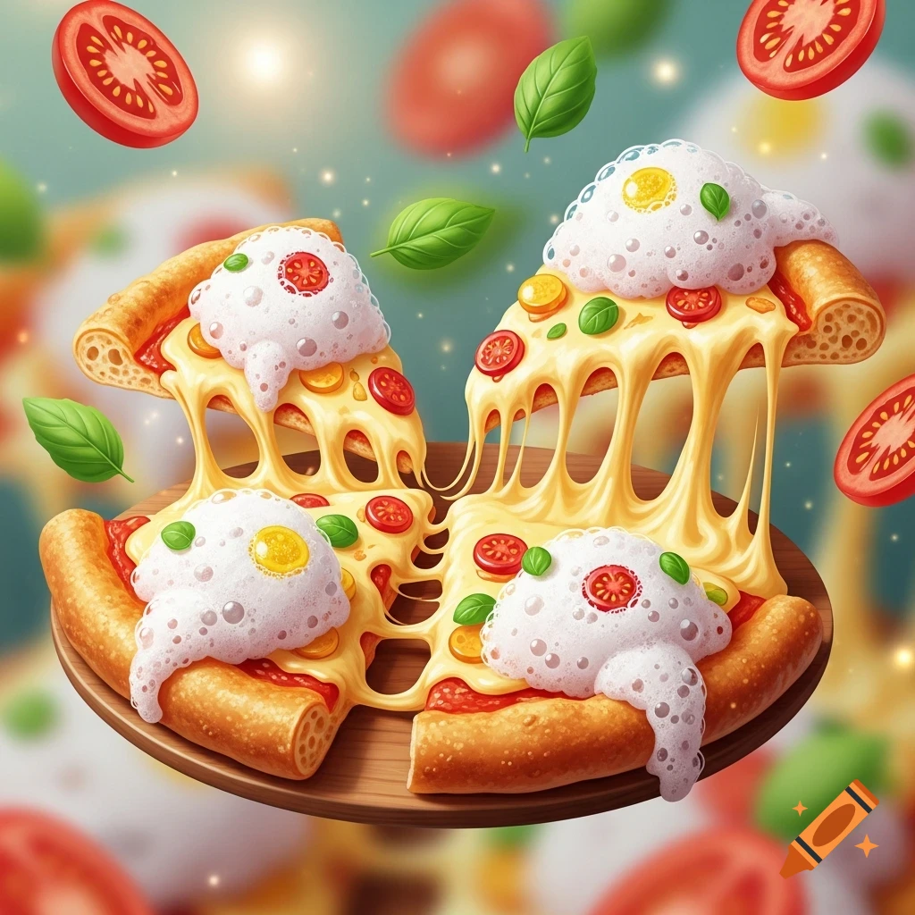 Vibrant, whimsical illustration of floating pizza slices with foamy white topping, melted cheese, tomatoes, and basil.
