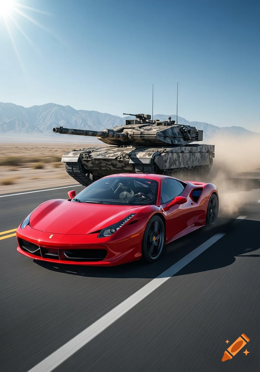 A red Ferrari sports car speeds down a desert road with a military tank kicking up dust behind it, under a bright sun.