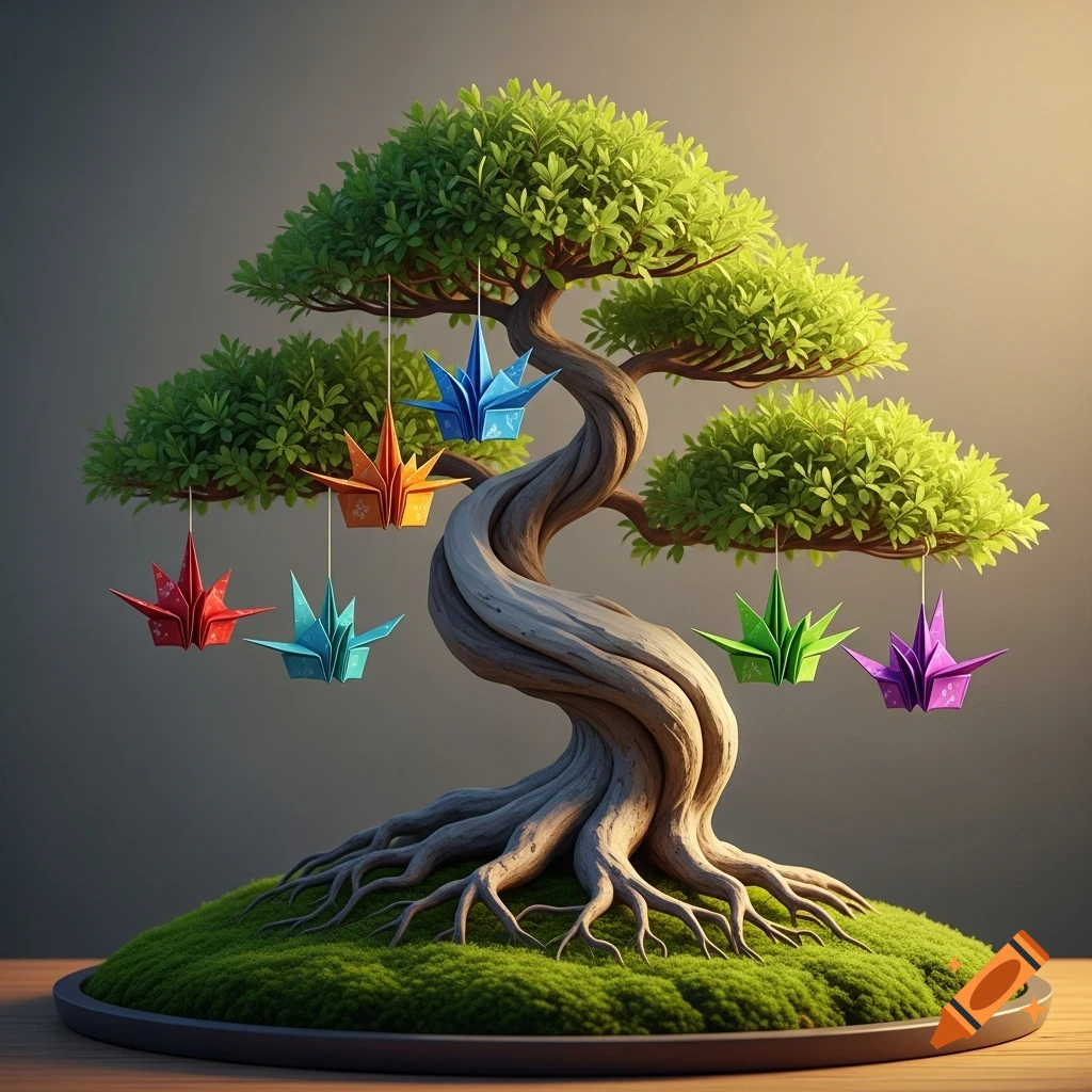 A detailed bonsai tree with a twisted trunk and green leaves, adorned with six colorful origami decorations hanging from its branches. It sits on moss in a dark pot.