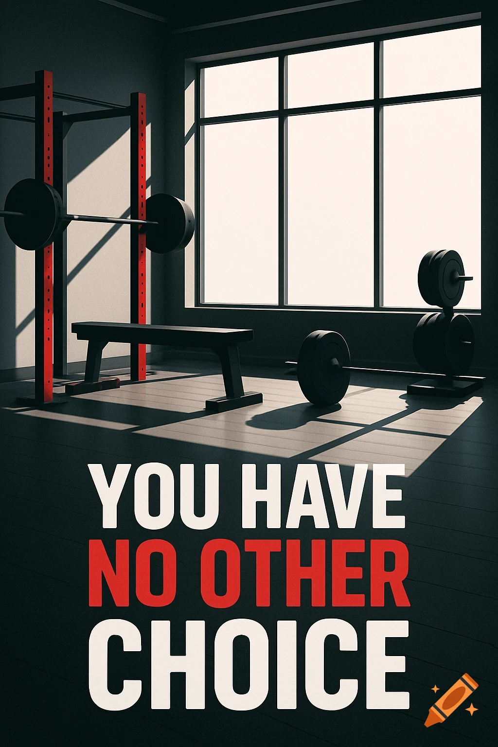 Minimalistic gym interior with a squat rack, barbell, bench, weights, and a large window, with motivational text 'YOU HAVE NO OTHER CHOICE'.