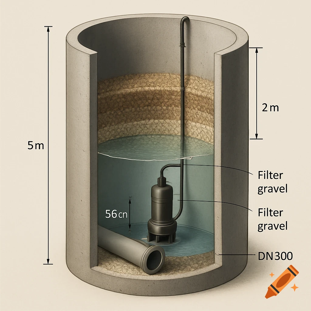 Cross-section technical diagram of a concrete shaft with a submersible pump, filter gravel layers, and water, showing dimensions.