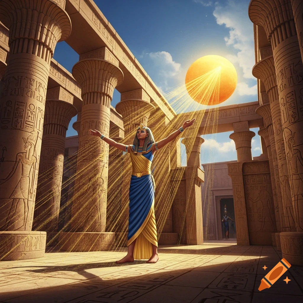Pharaoh Akhenaton worshipping the sun god Aton in a grand open-air Egyptian temple with columns under a bright sky.
