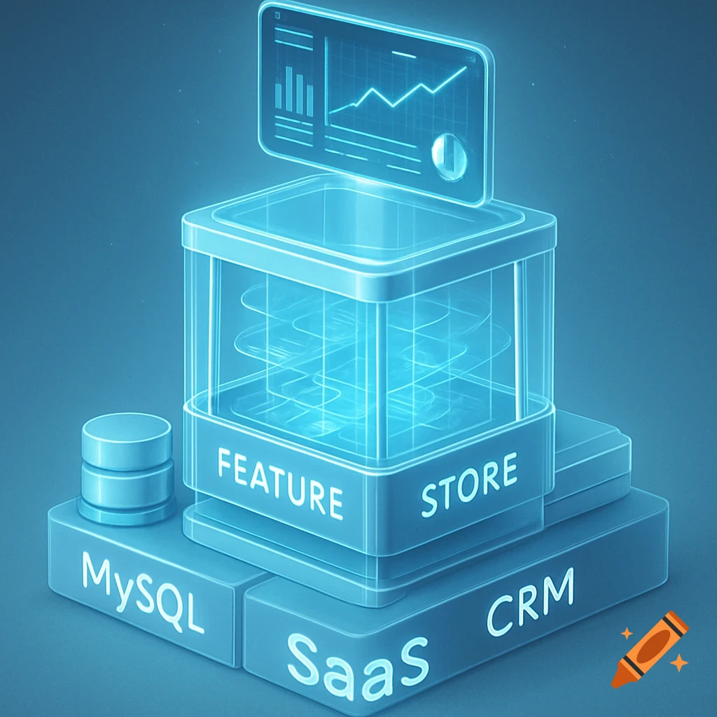 A glowing blue conceptual diagram showing MySQL, SaaS, CRM, and a Feature Store with a dashboard on top.