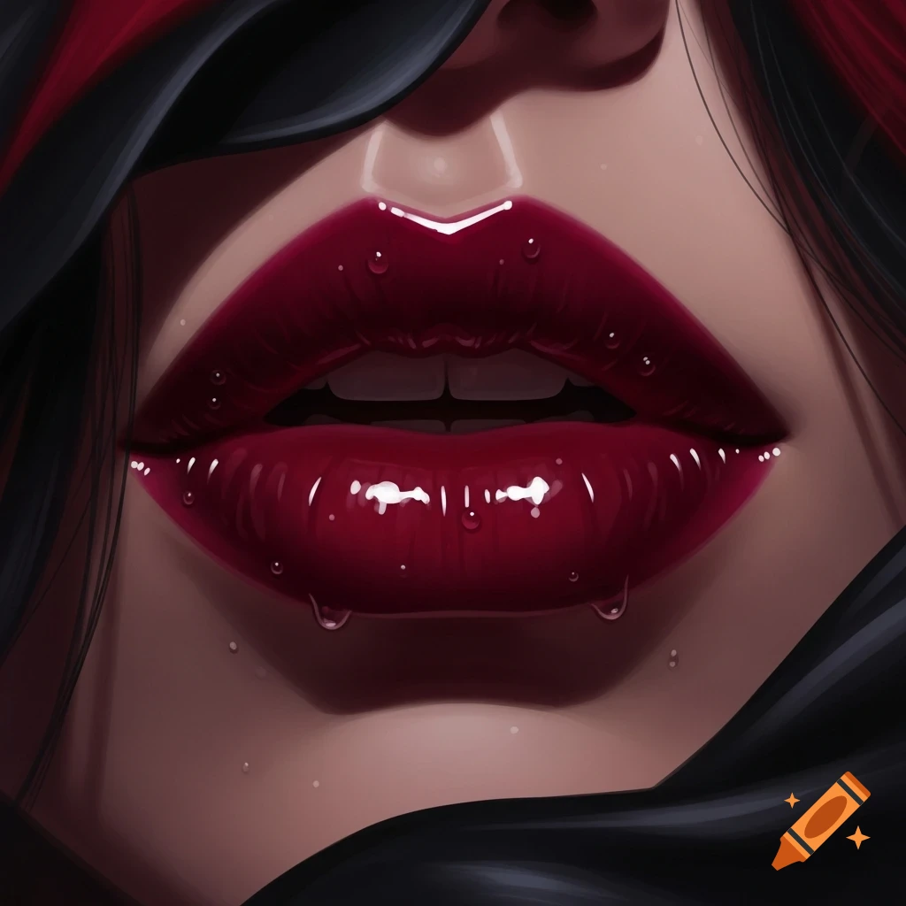 Close-up of glossy dark red lips with moisture droplets, framed by dark hair, in a moody illustration.