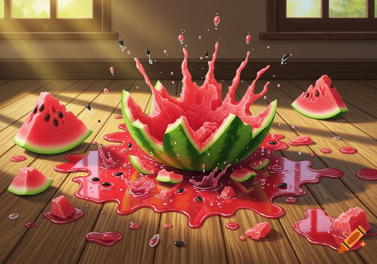 A vibrant red watermelon is smashed on a wooden floor, with juice and seeds splashing and scattering around it.