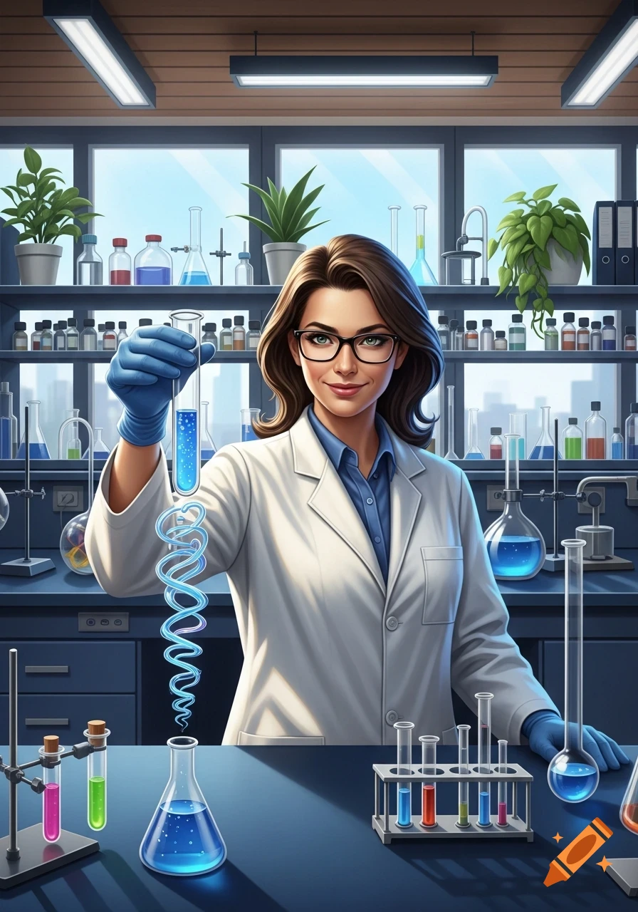 A female scientist in a lab coat and blue gloves holds a test tube with glowing blue liquid in a science laboratory.