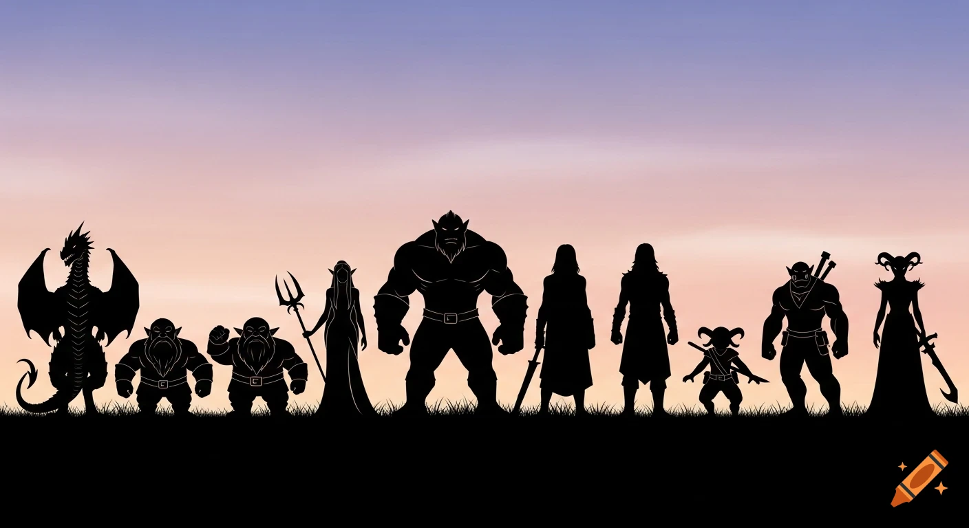 Silhouettes of various fantasy races, including a dragon, dwarves, elf, goliath, human, orc, halfling, and tiefling, against a sunset sky.