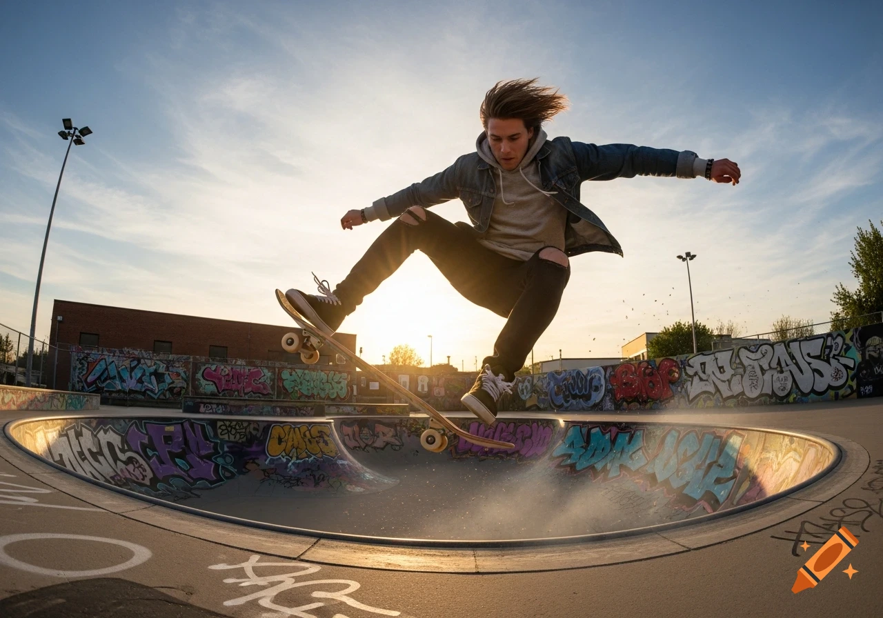 A young man performs an airborne skateboard trick over a bowl in a graffiti-covered skate park at sunset.