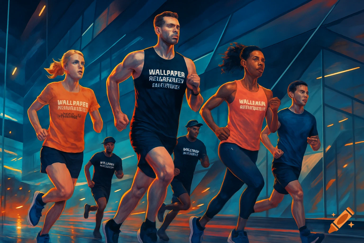 A group of diverse runners in athletic wear runs with determination through a stylized modern urban setting, illuminated by glowing lights.