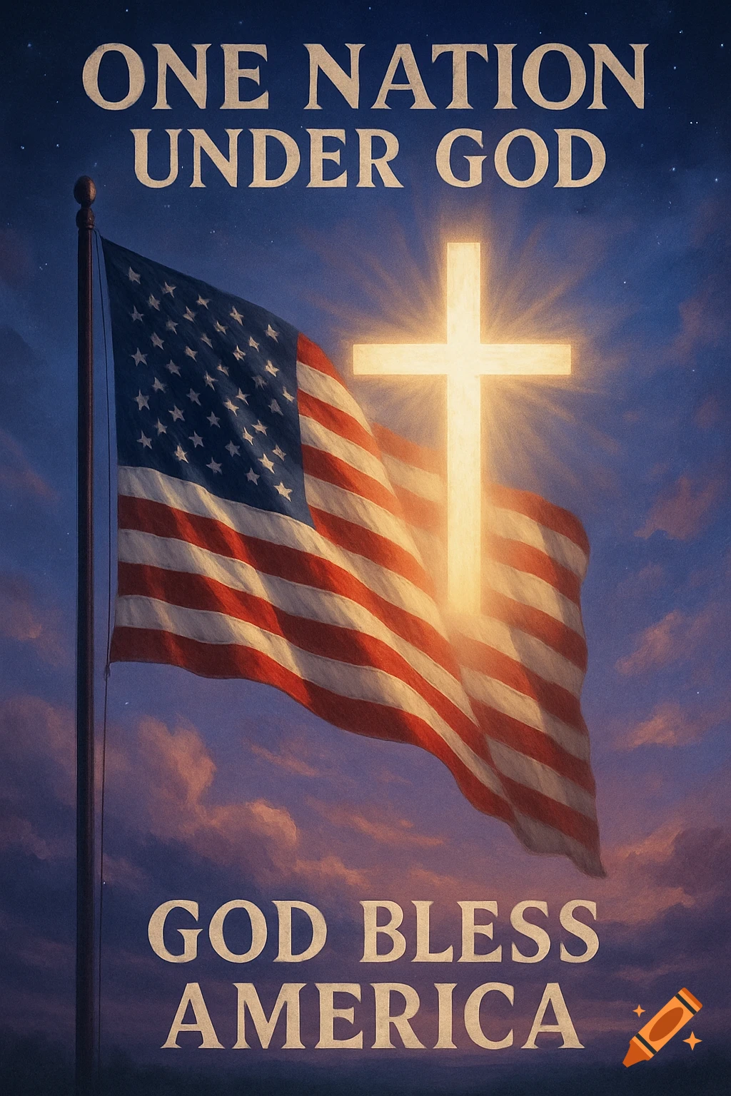 An American flag waves against a starry, cloudy sky, with a glowing cross superimposed over it. The text "ONE NATION UNDER GOD" is at the top, and "GOD BLESS AMERICA" is at the bottom.