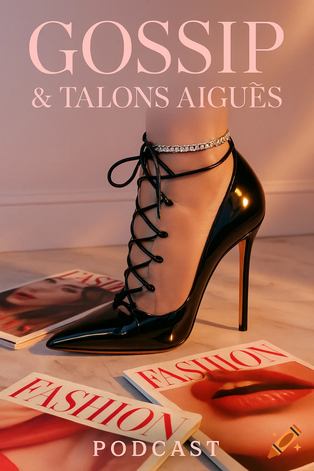 A foot wearing a black patent leather lace-up high heel with an anklet, surrounded by fashion magazines, and overlaid with "GOSSIP & TALONS AIGUËS PODCAST" text.