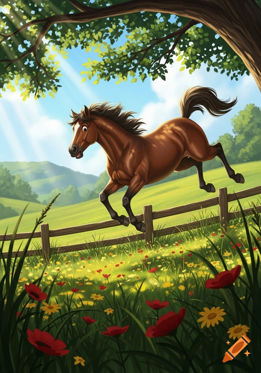 A cute, brown cartoon horse with a white blaze jumps over a wooden fence in a sunny, vibrant meadow filled with red and yellow wildflowers under a blue sky and green trees.