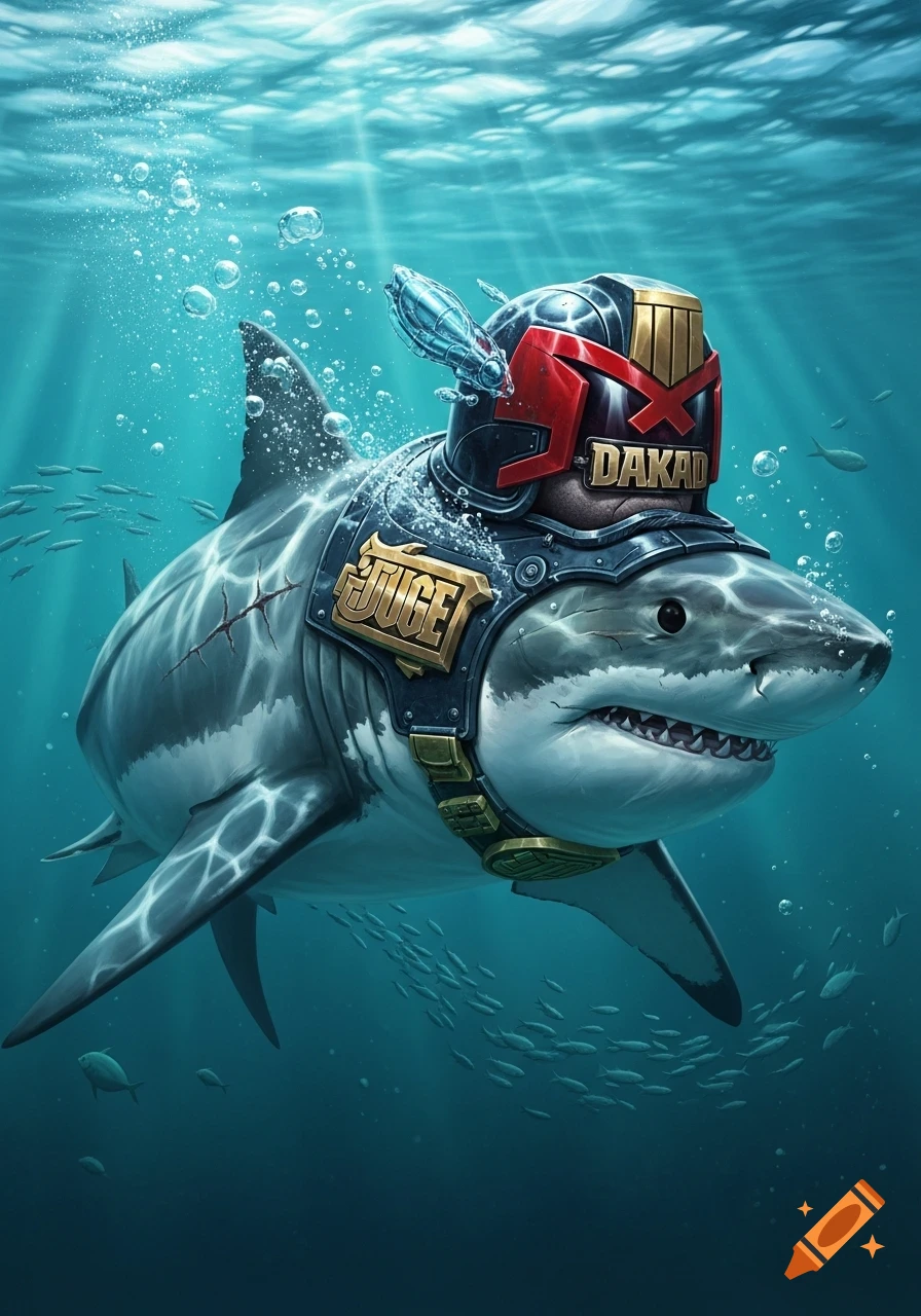 A white shark wears a Judge Dredd-style helmet and chest armor, swimming underwater amidst bubbles and schools of small fish.