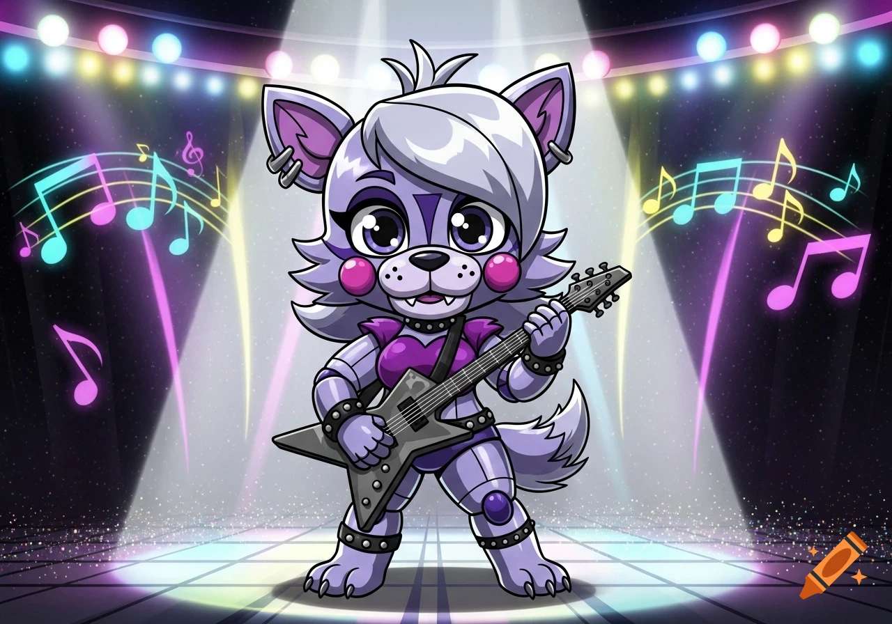 Cute, chibi cartoon animatronic wolf Roxanne Wolf from FNAF playing an electric guitar on a brightly lit stage with musical notes.