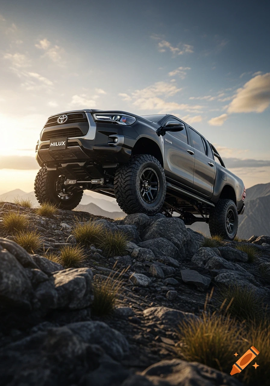 Photorealistic image of a black Toyota Hilux truck lifted on rocky mountain terrain under a cloudy sky at sunset.