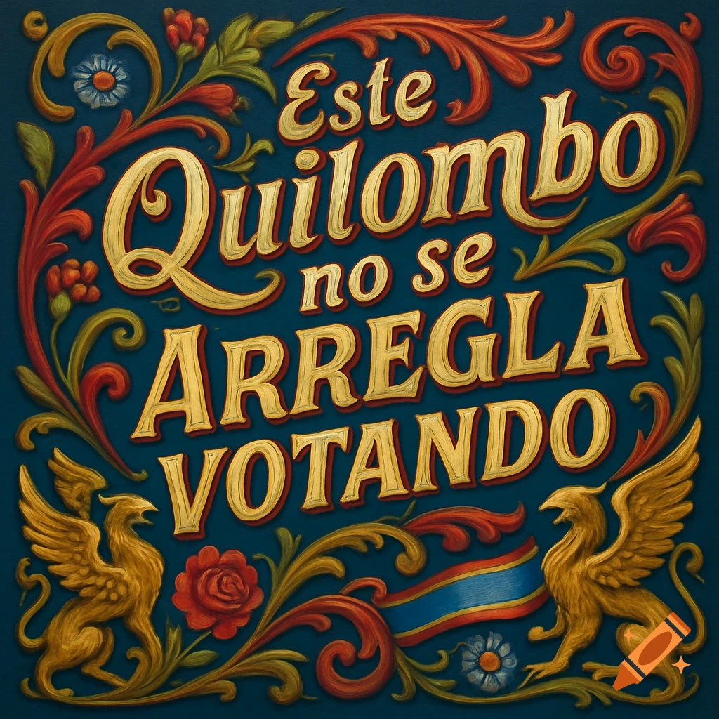 Ornate Fileteado Porteño lettering on a dark blue background reads 'Este Quilombo no se ARREGLA VOTANDO', flanked by gold griffins and red and blue floral decorations.