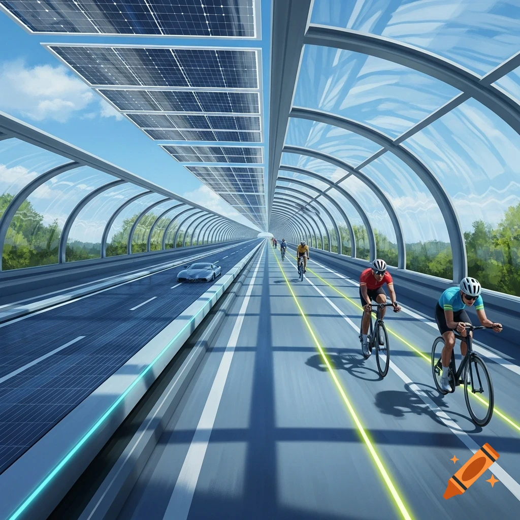 Cyclists and a car travel on a futuristic highway with overhead solar panels, encased in a clear arched tunnel.