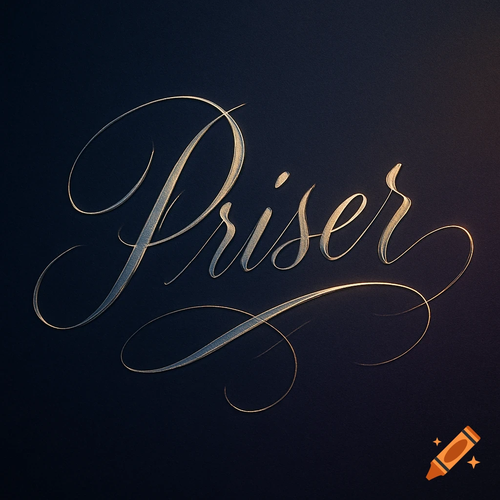 The word 'Priser' rendered in elegant gold and silver calligraphic script on a dark background.