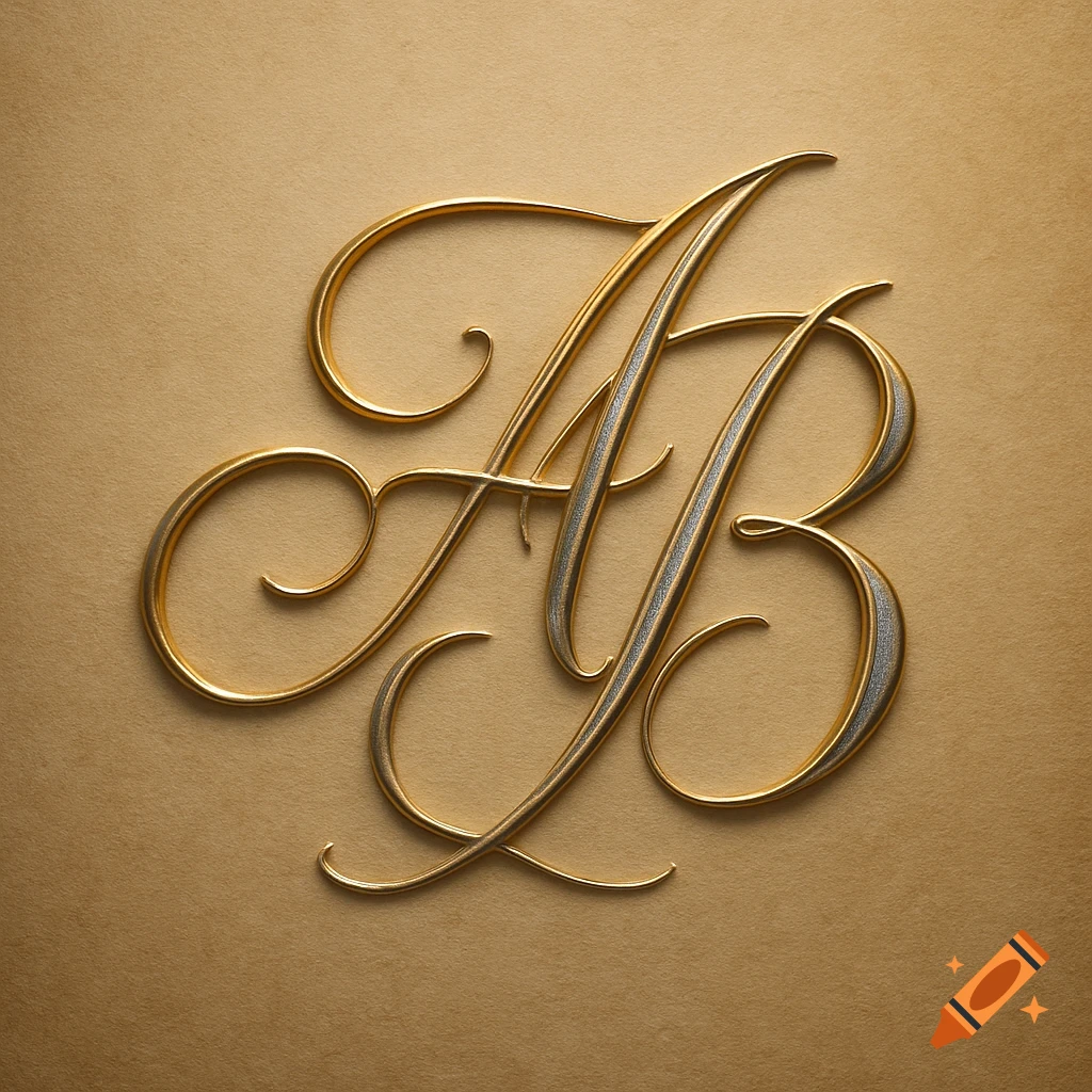 Decorative gold and silver monogram of the letters A and B in a flowing script on a warm beige background.