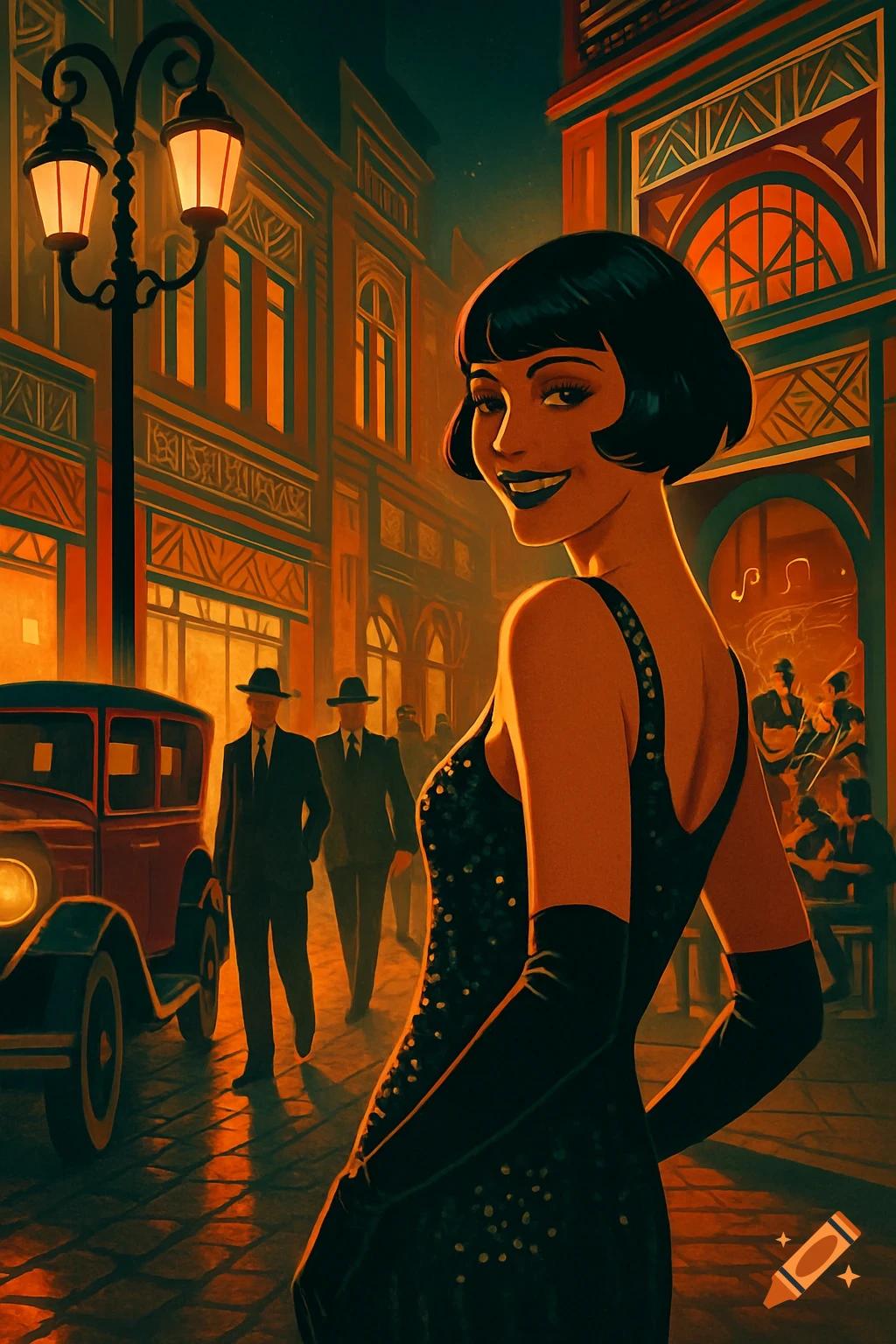 A smiling flapper woman in a sparkly dress and long gloves looks back on a vibrant art deco 1920s street with a vintage car and jazz band.