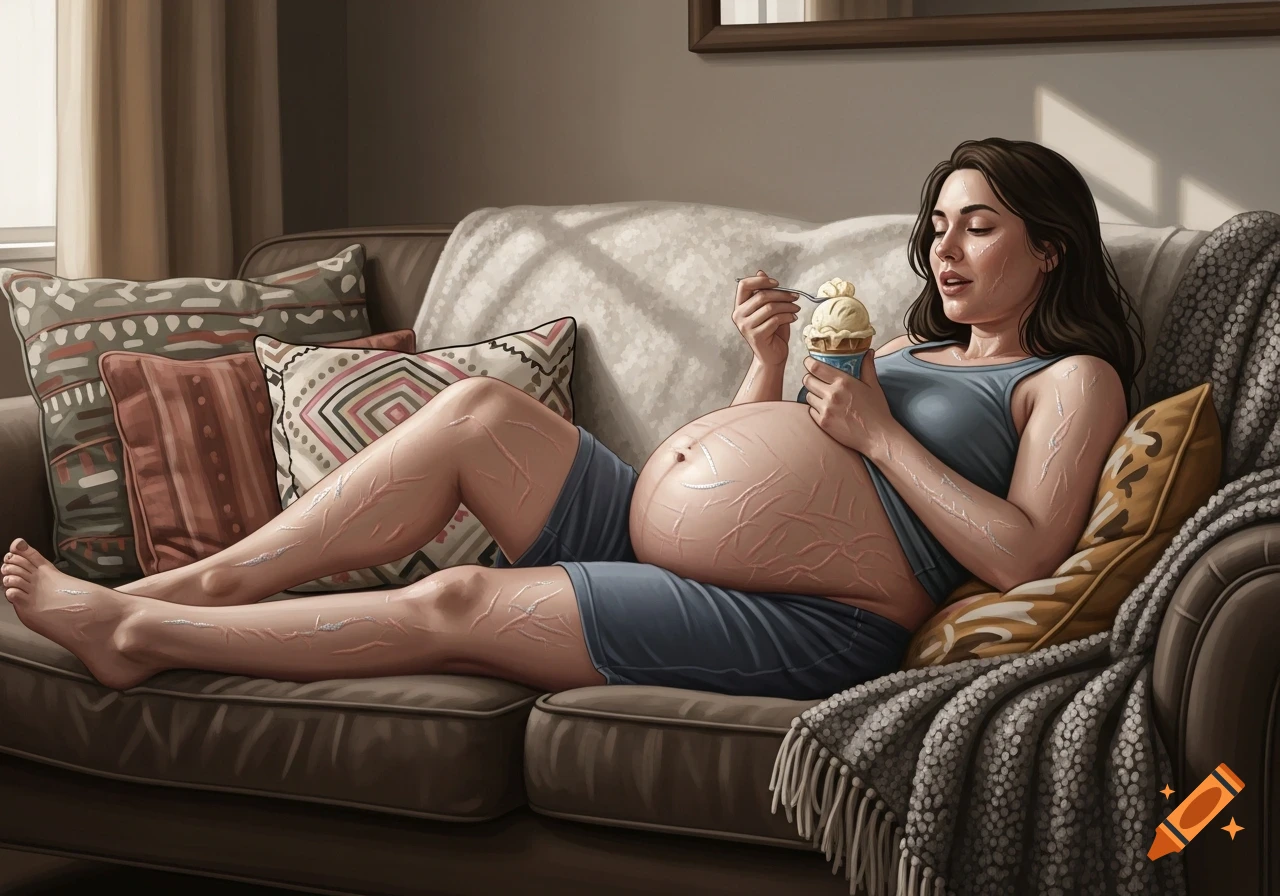 A pregnant woman relaxes on a sofa, eating a cup of ice cream. Her distended belly and limbs are covered in prominent stretch marks.