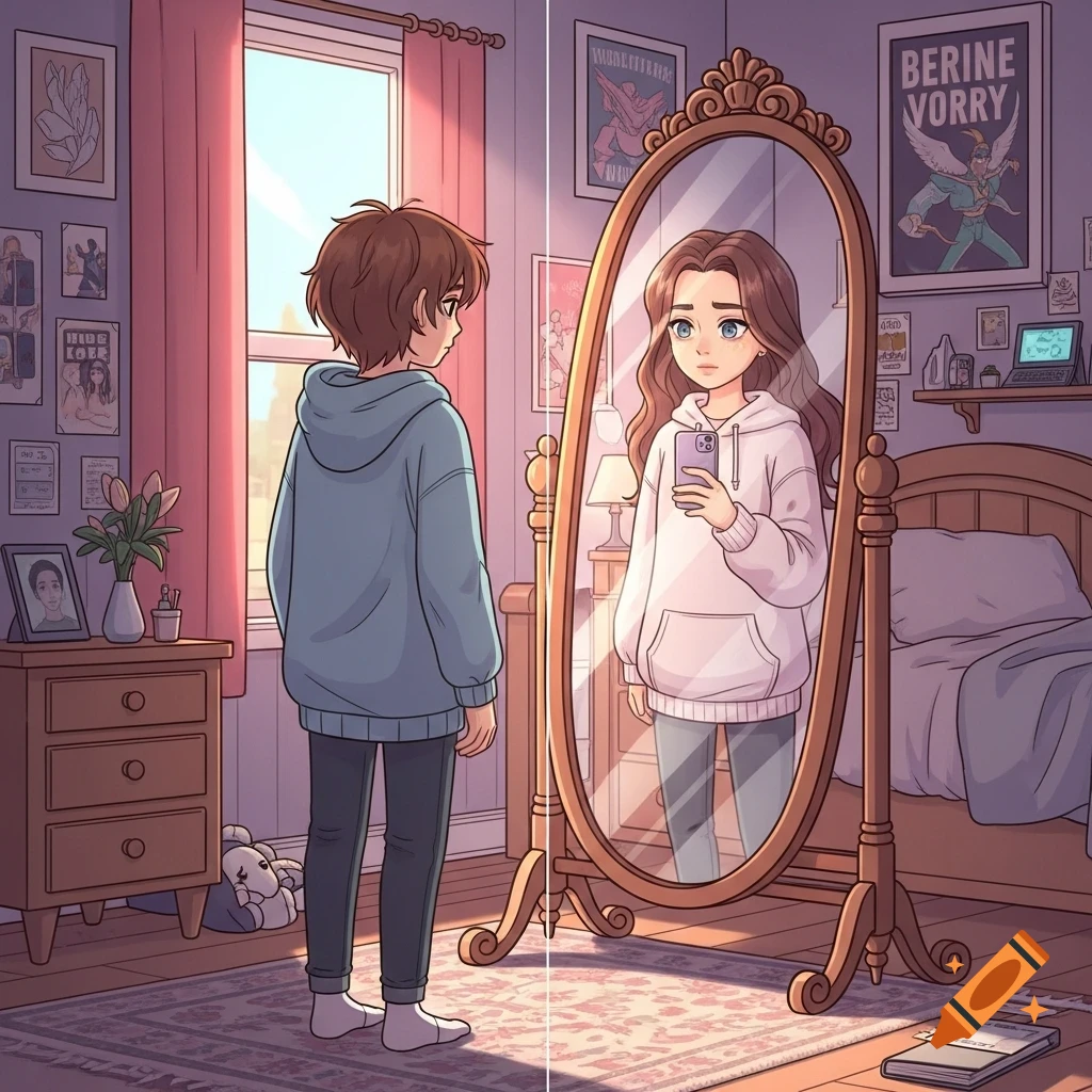 A sad teenager looks into a mirror showing a 'perfected' reflection in a soft, colorful anime style.