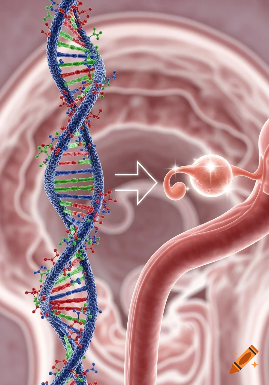 3D scientific illustration of a colorful DNA double helix transforming into a glowing ovary and fallopian tube.