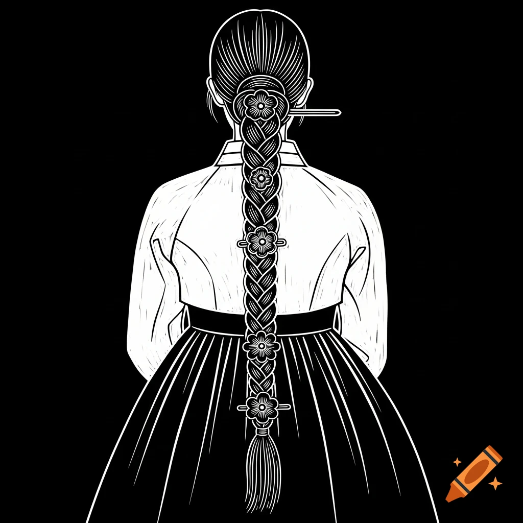 Woman in traditional Korean hanbok, viewed from back, with a long braided hairstyle adorned with flowers, in a black and white linocut print style.