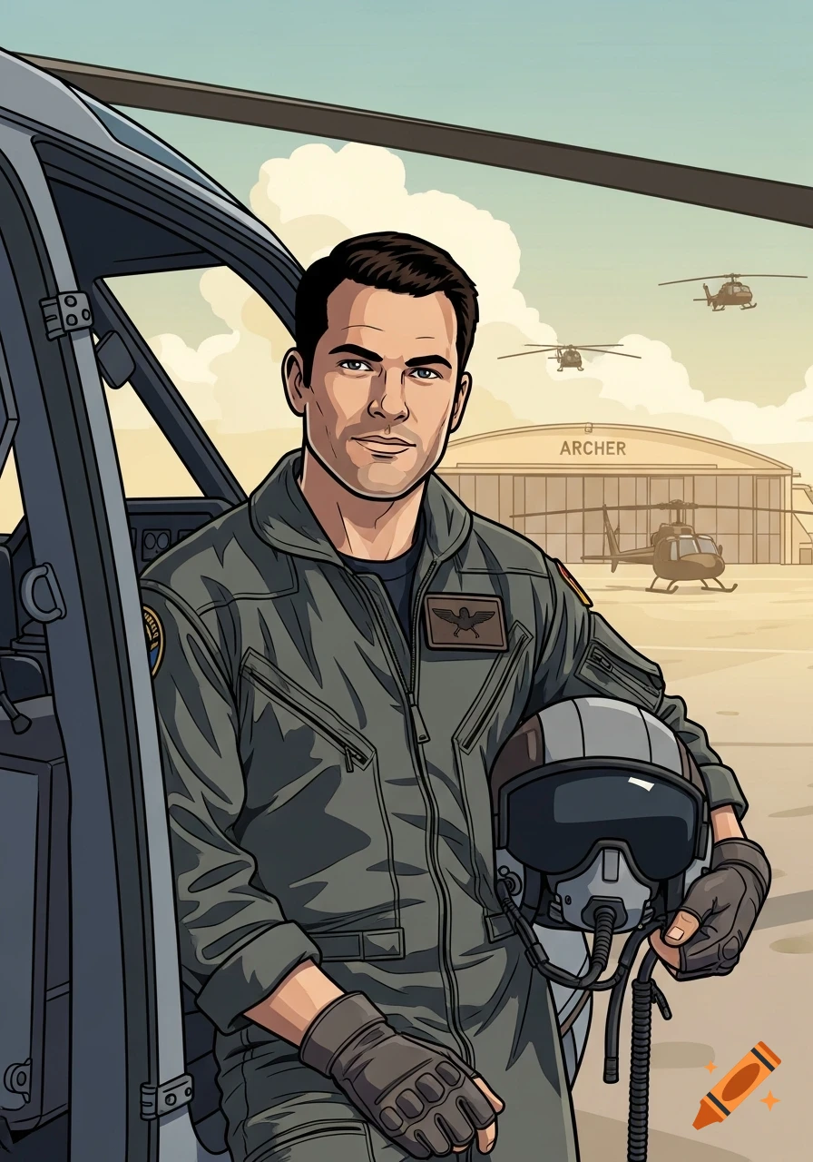 Cartoon-style pilot in a grey uniform, holding a helmet, leans from a helicopter cockpit at an airfield with a hangar labeled ARCHER.