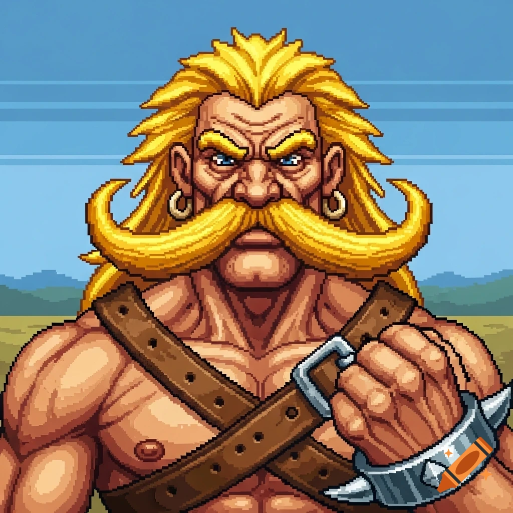 A pixel art portrait of a muscular barbarian with long yellow hair, a huge yellow mustache, and a spiked wristband.