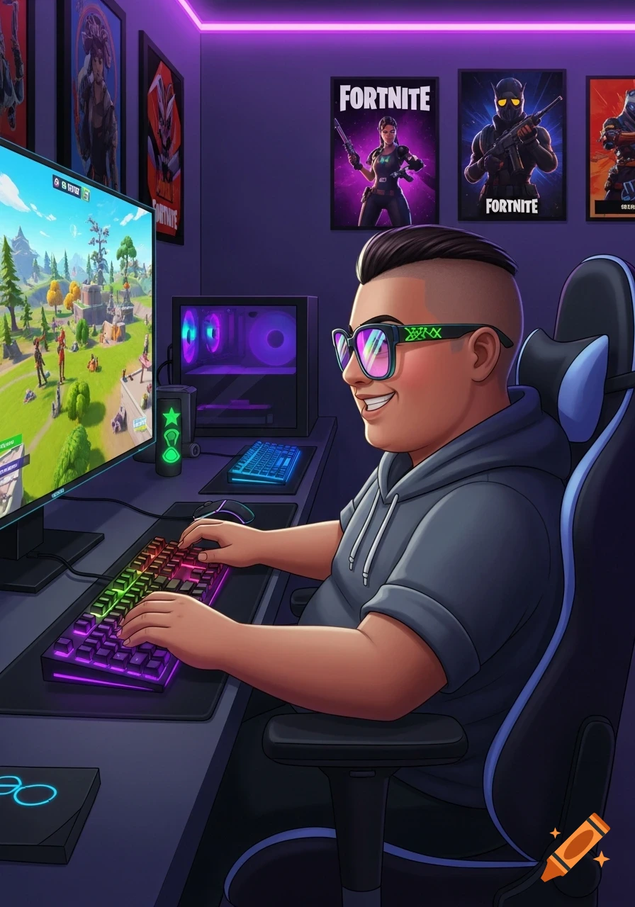 A cartoon illustration of a happy person with a buzz cut and glasses playing Fortnite on a desktop computer in a neon-lit room.