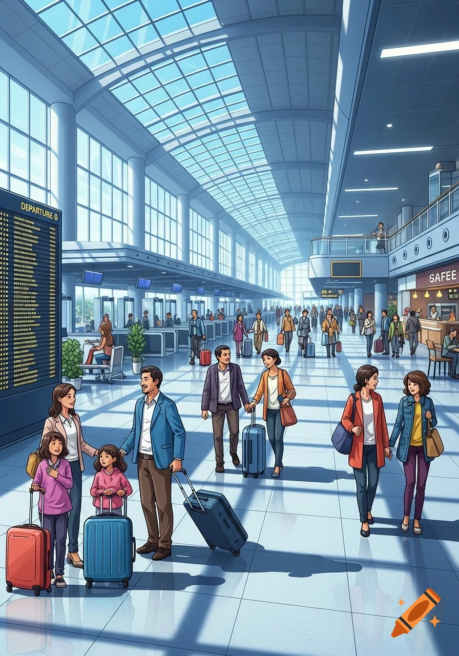 An illustrative scene of a bustling airport terminal with families and travelers, featuring a large departure board and a shop.