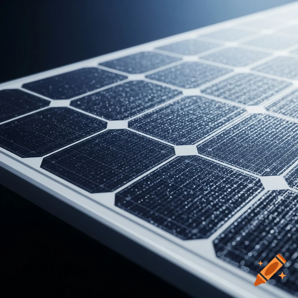 Close-up, angled view of a dark blue solar panel with visible, intricate cell texture and a light border.
