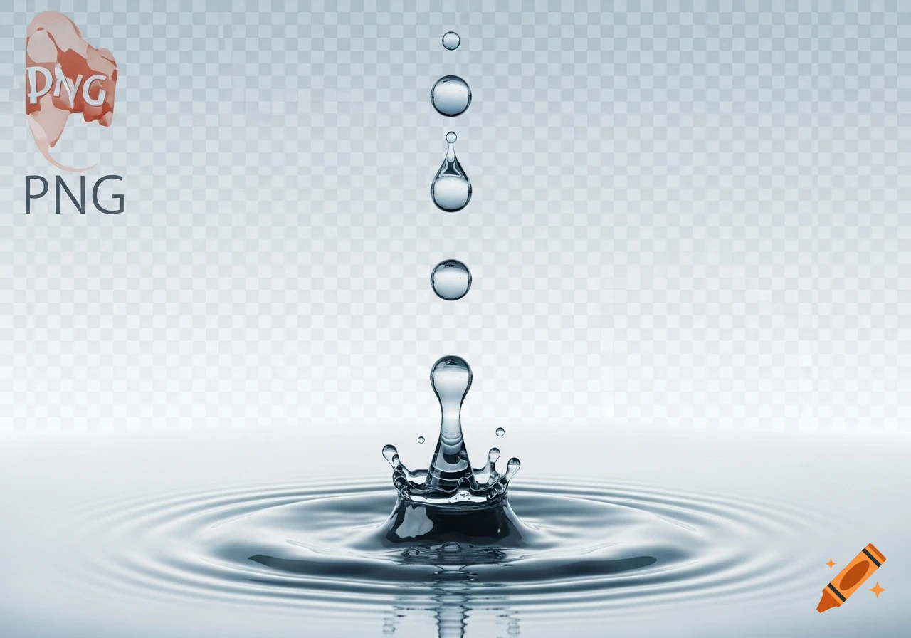 A close-up shot of a single water drop splashing into a calm body of water, creating ripples and a crown-like splash. More water droplets are suspended above it, all set against a subtle checkered background indicating transparency, with the text "PNG" in the upper left corner.