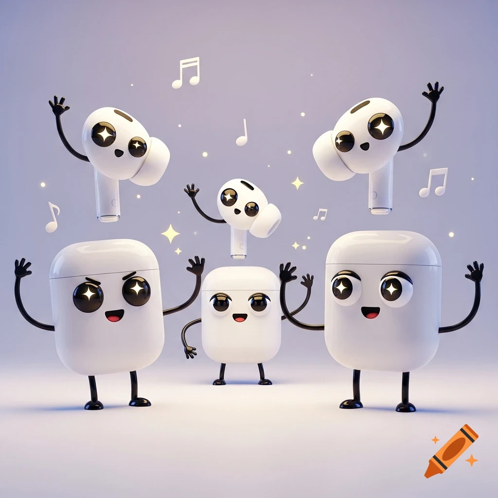 Cute anthropomorphic AirPods characters with smiling faces and black limbs dancing among musical notes and sparkles on a light background.