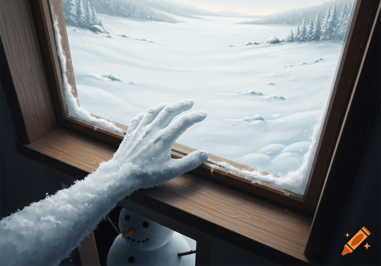 A snowy arm and hand extend from a hidden snowman, resting on a wooden windowsill overlooking a vast winter landscape.