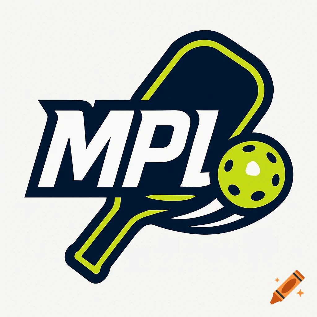 A modern, sporty pickleball logo with the letters 'MPL', a stylized paddle, and a ball in navy, lime, and white.