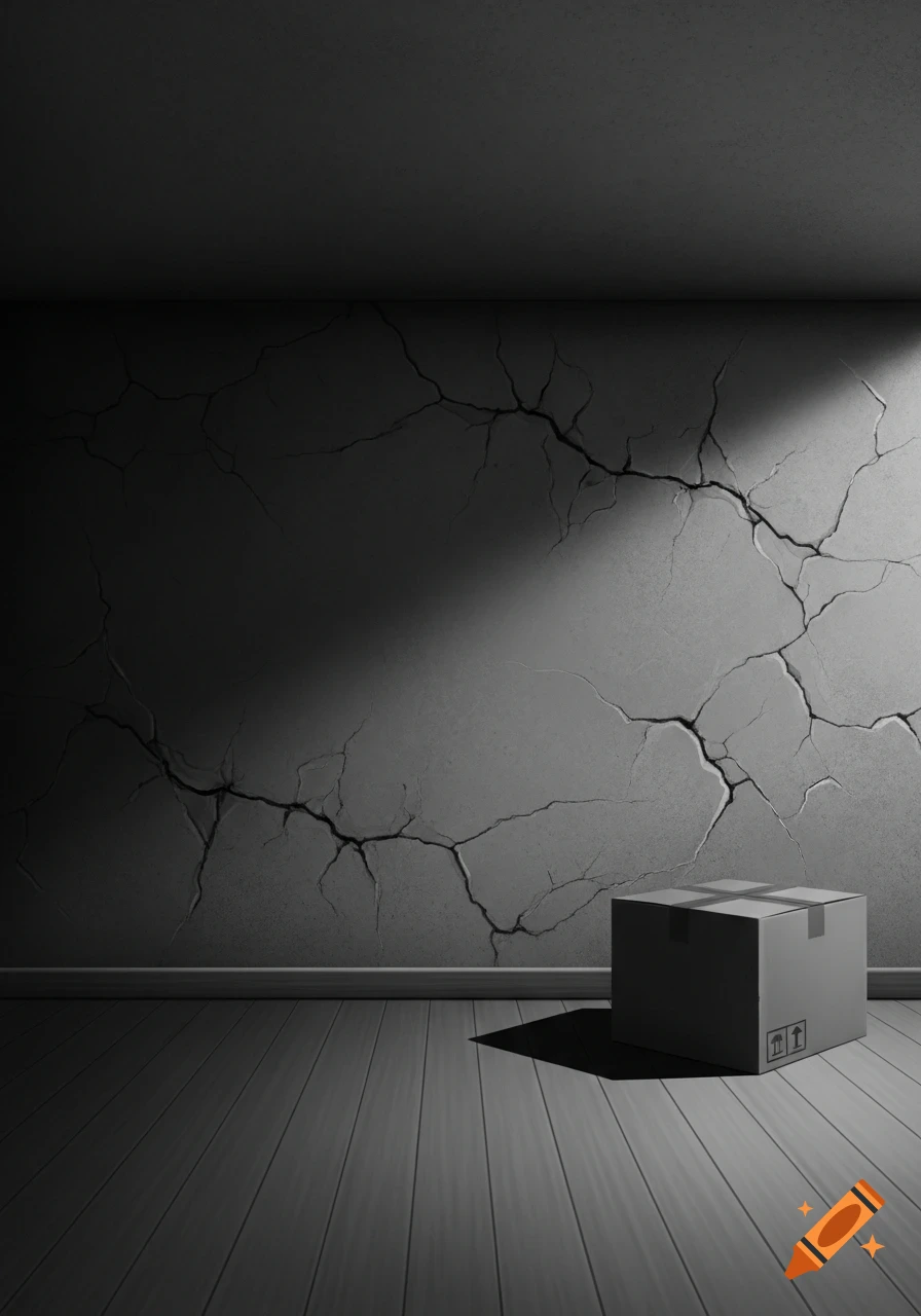 A dark, cracked cellar room with a single cardboard box on a wooden floor, lit by a diagonal beam of light.