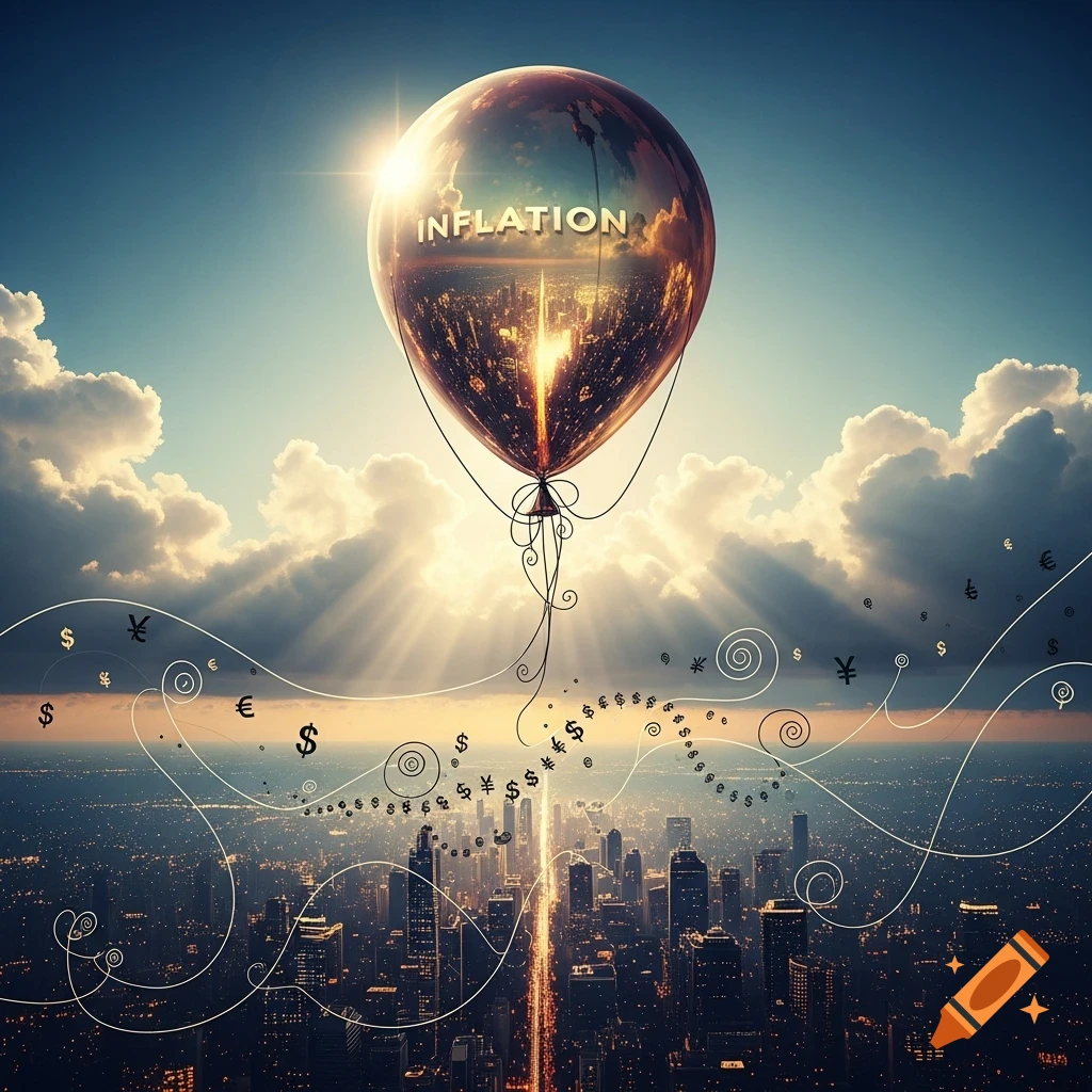 A large balloon labeled 'INFLATION' floats above a bright city skyline at sunset, with currency symbols swirling around.
