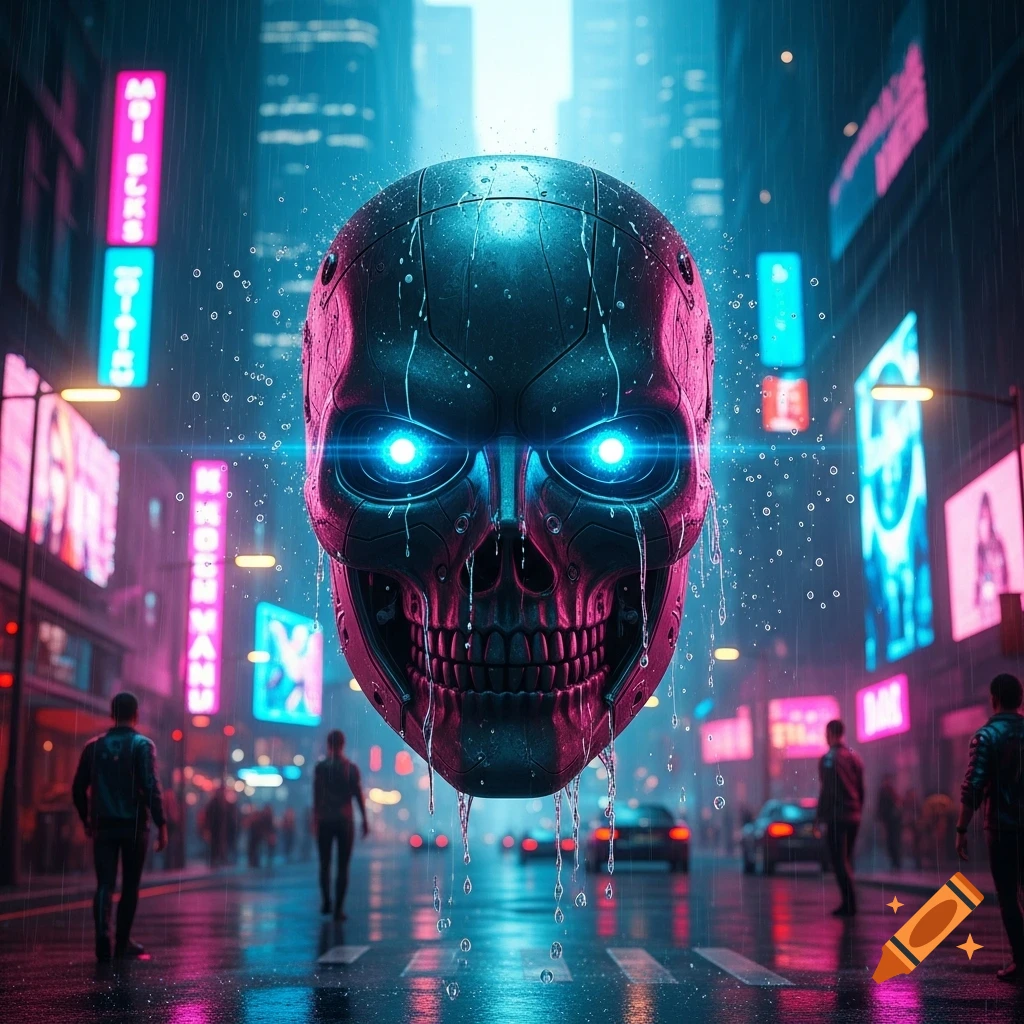 A metallic skull-like mask with glowing blue eyes floats in a rainy cyberpunk city with neon signs and blurred figures.