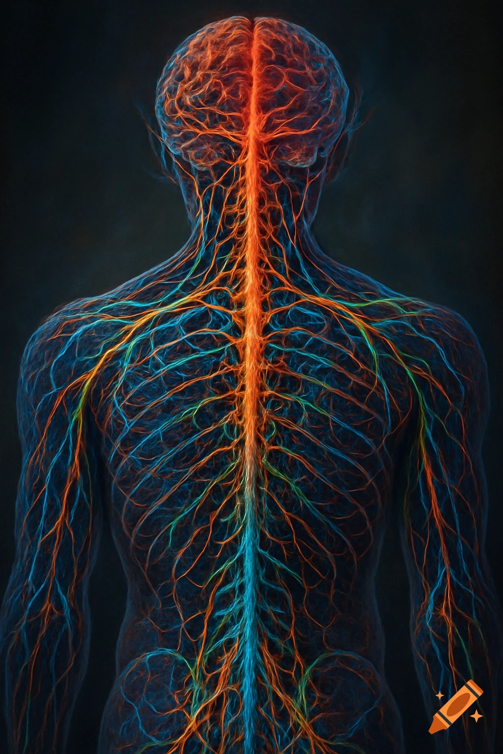 Detailed, glowing illustration of the human nervous system on a back and head, in orange and blue against a dark background.