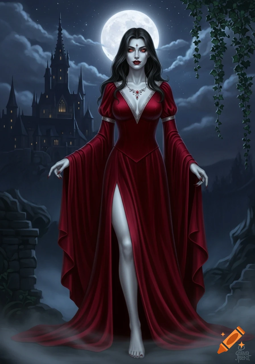 A gothic vampire woman with pale skin and red eyes stands in a flowing red gown with a high slit, in front of a dark castle and a full moon.