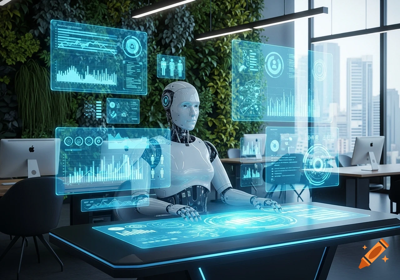 A photorealistic humanoid robot interacts with glowing holographic data displays in a modern office with green walls and a city view.